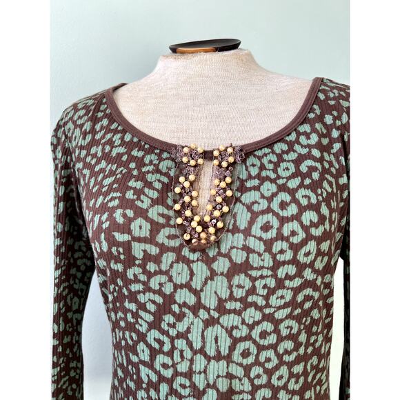 Y2K Vintage Beaded Teal Leopard Print Top by Language Los Angeles - Size S/M - Picture 2 of 6
